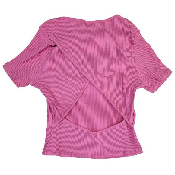 White Birch Shirt Pink Ribbed Soft Short Sleeve Open Back Womens Large New in Ba - Picture 2 of 7